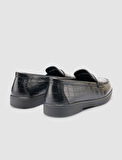%100 Hakiki Deri Siyah Croco Desen Kadın Loafer