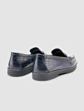%100 Hakiki Deri Lacivert Croco Desen Kadın Loafer