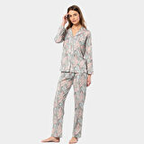 Türen Yaprak Desenli Uzun Kollu Gömlek Yaka Pijama Takımı 3394