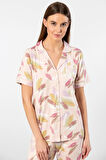 Türen Yaprak Desenli Kısa Kollu Gömlek Yaka Pijama Takımı 3355/Pudra