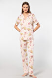 Türen Yaprak Desenli Kısa Kollu Gömlek Yaka Pijama Takımı 3355/Pudra