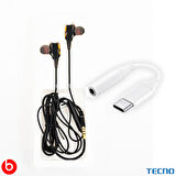 Tecno Hot Beats 3D Hifi 4 Hoparlörlü Samsung Galaxy A50 Type-C to 3.5mm Jack Dönüştürücü Kablolu Mikrofonlu Kulaklık Siyah