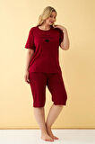 Celira Kadın Bordo Kalp Desenli Büyük Beden Kapri Pijama Takımı