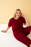 Celira Kadın Bordo Kalp Desenli Büyük Beden Kapri Pijama Takımı