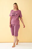 Celira Kadın Mürdüm “Make a Wish” Yazılı Büyük Beden Kapri Pijama Takımı
