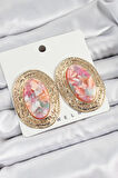 Pirinç Mermer Desenlli Pembe Sedef Oval Vintage Model Gold Renk Kadın Küpe