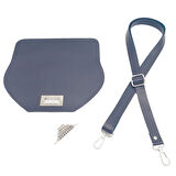 Çanta Aksesuar Suni Deri 21x19 cm Kapaklı ve Ayarlı Saplı Çanta Seti Lacivert Renk Gümüş Metalli