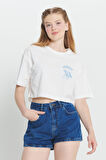 Oversize Fit Bol Kesim %100 Pamuk Bisiklet Yaka Baskılı Crop Tişört