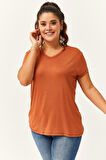 Kadın Büyük Beden V Yaka Basic Kısa Kollu Kahverengi T-Shirt