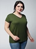 Kadın Büyük Beden V Yaka Basic Kısa Kollu Haki T-Shirt