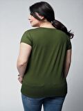 Kadın Büyük Beden V Yaka Basic Kısa Kollu Haki T-Shirt