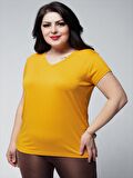 Kadın Büyük Beden V Yaka Basic Kısa Kollu Hardal T-Shirt