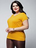 Kadın Büyük Beden V Yaka Basic Kısa Kollu Hardal T-Shirt
