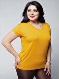 Kadın Büyük Beden V Yaka Basic Kısa Kollu Hardal T-Shirt