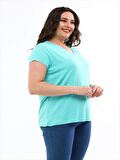 Kadın Büyük Beden V Yaka Basic Kısa Kollu Mint T-Shirt