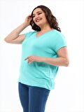 Kadın Büyük Beden V Yaka Basic Kısa Kollu Mint T-Shirt