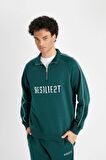 Boxy Fit Dik Yaka Fermuarlı Baskılı Sweatshirt