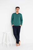 Erkek 3 Düğmeli %100 Pamuk Göğüs Cepli Mevsimlik Uzun Kol Cepli Pijama Takımı