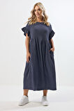 Büyük Beden Bisiklet Yaka Kısa Kollu Fırfırlı Uzun Elbise 270342