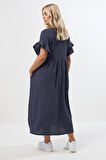 Büyük Beden Bisiklet Yaka Kısa Kollu Fırfırlı Uzun Elbise 270342