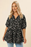 Büyük Beden Çentik Yaka Kısa Kollu Eteği Fırfırlı Bluz 322571