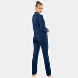 Düz Uzun Kollu Gömlek Yaka Pijama Takım 3365/Lacivert