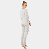 Düz Uzun Kollu Gömlek Yaka Pijama Takım 3365/Gri