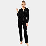 Düz Uzun Kollu Gömlek Yaka Pijama Takım 3365/Siyah