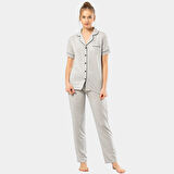 Düz Kısa Kollu Gömlek Yaka Pijama Takım 3368/Gri