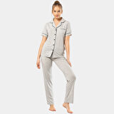 Düz Kısa Kollu Gömlek Yaka Pijama Takım 3368/Gri