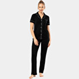 Düz Kısa Kollu Gömlek Yaka Pijama Takım 3368/Siyah