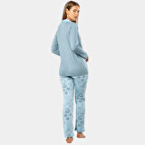 Yaprak Desenli Uzun Kol Pijama 3377/Mavi