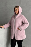 Büyük Beden Uzun Kollu Kapüşonlu Önü Kapamasız Cepli Peluş Ceket 97-14