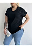 Büyük Beden Kısa Kollu V Yaka Yanları Yırtmaçlı Boncuklu Basic T-shirt RFT-04