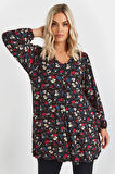 Büyük Beden Uzun Kollu V Yaka Önü Pileli Çiçek Desenli Bluz 303720