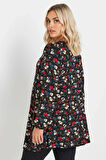 Büyük Beden Uzun Kollu V Yaka Önü Pileli Çiçek Desenli Bluz 303720