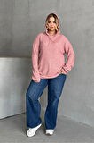 Büyük Beden Uzun Kollu Kapüşonlu Yanları Cepli İnce Örme Sweatshirt 300373