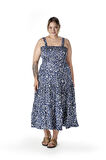 Büyük Beden Çiçek Desenli Kalın Askılı Beli Lastikli Elbise T-84