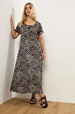 Büyük Beden Kısa Kollu Leopar Desenli Yakası Büzgülü Maxi Elbise 270296
