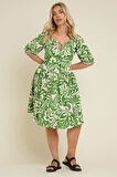 Büyük Beden Yakası Büzgülü Çiçek Desenli Mini Elbise 304112