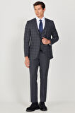 Erkek Lacivert-gri Slim Fit Dar Kesim Mono Yaka Kareli Yelekli Klasik Takım Elbise