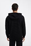 DeFacto Siyah Relax Fit Kapüşonlu Waffle Baskılı Cepli Fermuarlı Sweatshirt D2629AX24AUBK81
