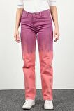 Kadın Düğmeli Boyalı Straight Fit Jean Pantolon Pembe