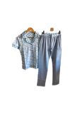 Mavi Gömlek Yaka Kısa Kollu Pijama Takımı