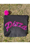 PUL PAYETLİ PİZZA YAZILI PEMBE SİYAH PONPONLU PORTFÖY CLUTCH EL VE MAKYAJ ÇANTASI 28X26 CM