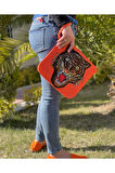 PUL PAYETLİ APLİKELİ KAPLAN TURUNCU PORTFÖY CLUTCH EL VE MAKYAJ ÇANTASI 28X25