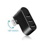 Valkyrie 3 Portlu USB 2.0 Hub Döner Kafalı Splitter Hub Adaptör Siyah