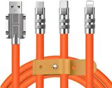 Valkyrie 6A 3in1  Apple Type-C Android Sıvı Silikon Data Hızlı Şarj Kablosu - Bakır Döşeme - Katlanmaz Kırılmaz Dayanıklı Kablo Turuncu