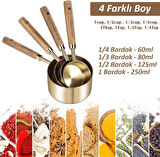 Valkyrie 4 Adet Büyük Boy Paslanmaz Çelik Ahşap Saplı Ölçü Kaşığı Seti Ölçü Kabı 60ml 80ml 125ml 250ml
