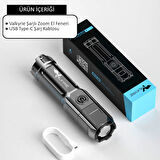 Valkyrie Şarjlı Ultra Güç El Feneri  Zoom 3 Mod Type-C Uzun Kullanım Suya Dayanıklı